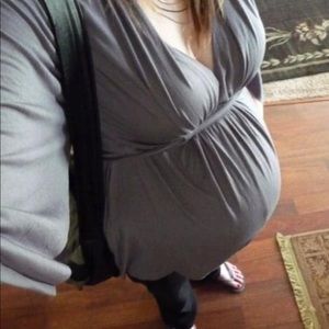 Gray Deep V Neck Top with Flowy sleeves and gather